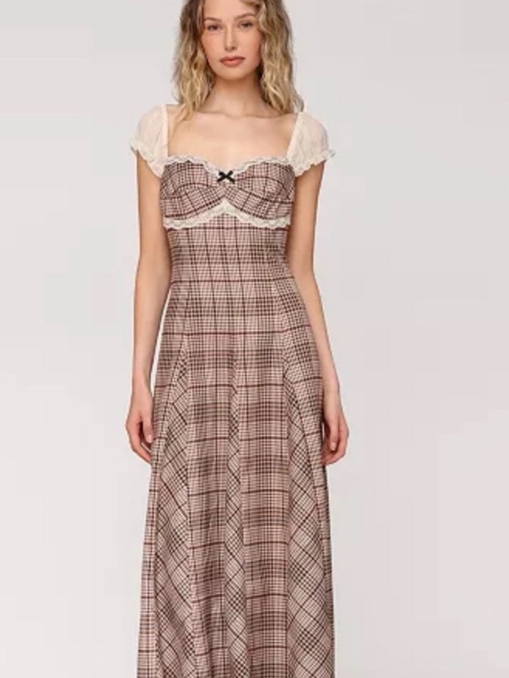 Avec Les Filles Cream & Brown Plaid Maxi Dress with Lace Trim